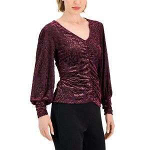 Women's Burnout Velvet Ruched-Front Top Maroon L